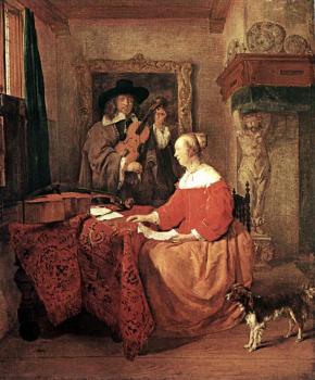 加佈裡埃爾 梅特囌 A Woman Seated at a Table and a Man Tuning a Violin 加佈裡埃爾 梅特囌 A Woman Seated at a Table and a Man Tuning a Violin
